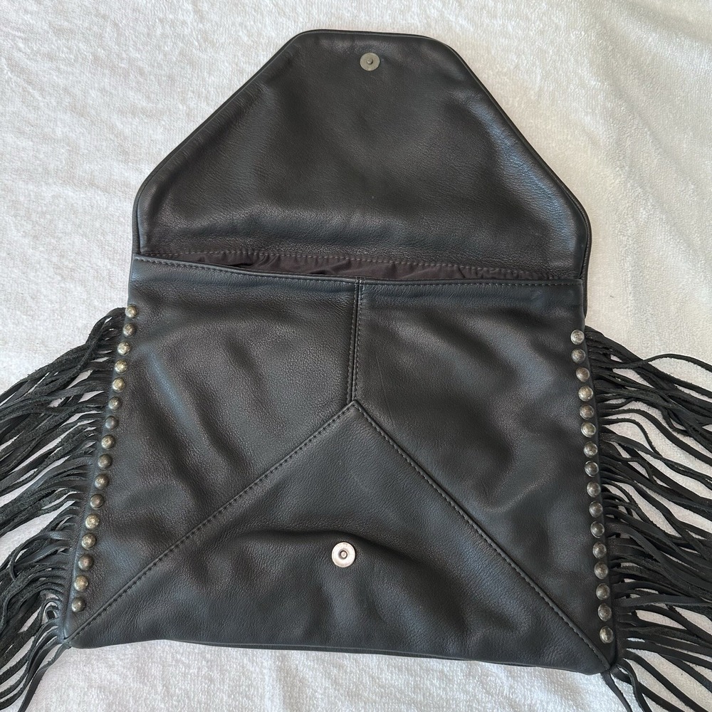 Tylie Malibu Black Leather Studded Fringe Lined Clutch Purse Magnet Close Pocket - Picture 6 of 14